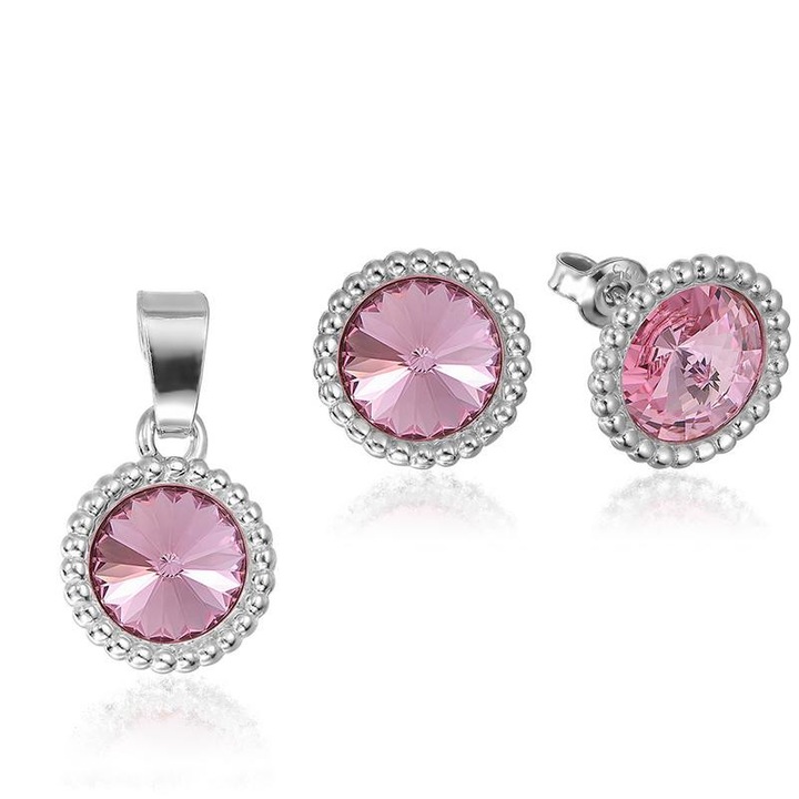 e-Crystal - 925 ezüst ródiumozott stud Korona ékszer szett nyaklánccal és® Rivoli 8mm Light Rose kristályal
