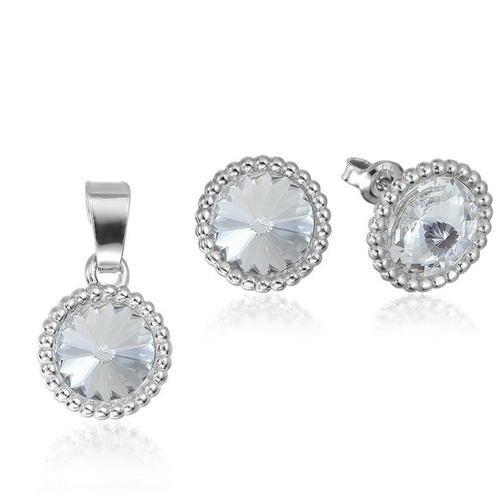 e-Crystal - 925 ezüst ródiumozott stud Korona ékszer szett nyaklánccal és® Rivoli 8mm Crystal Clear kristályal