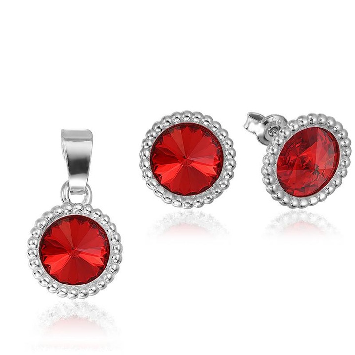 e-Crystal - 925 ezüst ródiumozott stud Korona ékszer szett nyaklánccal és® Rivoli 8mm Light Siam kristályal