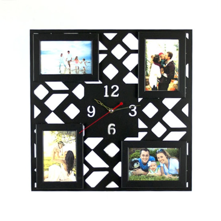 Стенен часовник пано с 4 рамки за снимки Arttimes WCL503, Черен, Аналогов, МДФ, 45 х 45 см