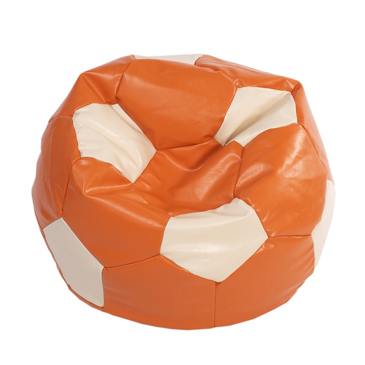 Fotoliu sac tip minge Euroball, Portocaliu cu crem, piele ecologica, QMOBILI