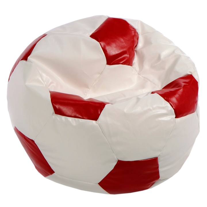 Fotoliu sac tip minge Euroball, Alb cu rosu, piele ecologica, QMOBILI