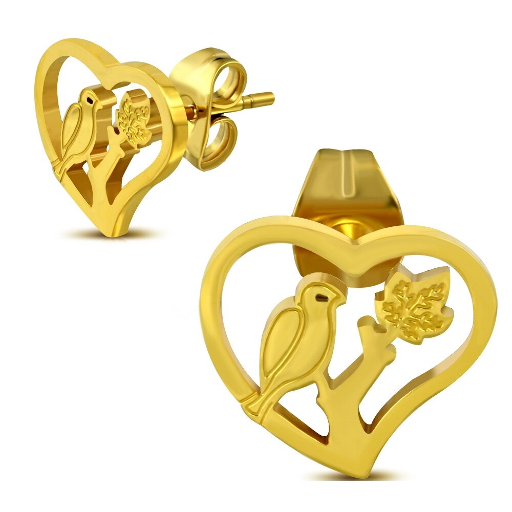 Cercei aurii inox inimioare cu pasari - BeSpecial 8791, 1,6, Auriu