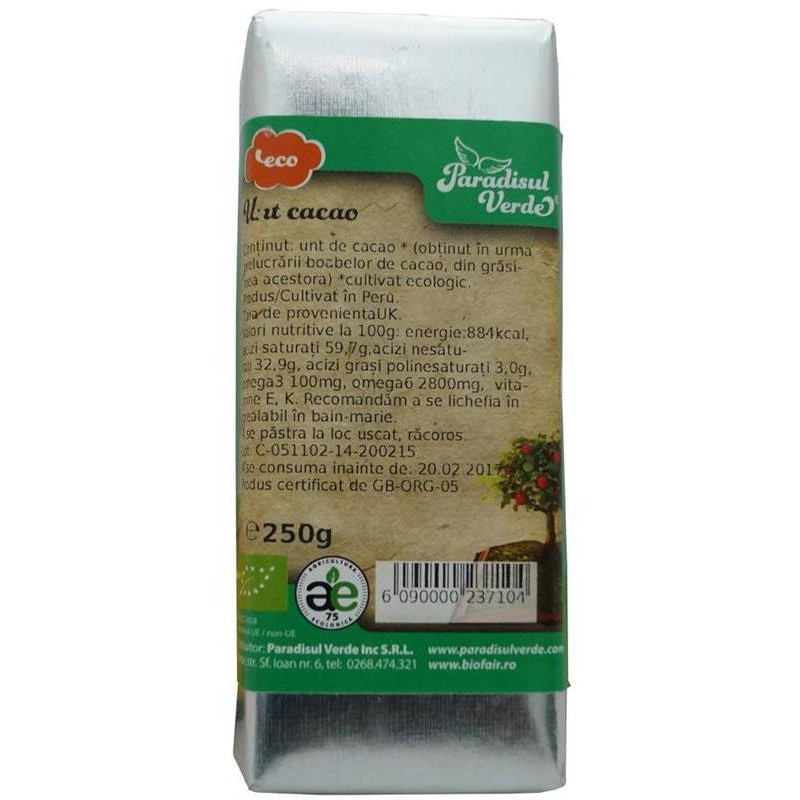 Unt de Cacao Bio Paradisul Verde 250gr