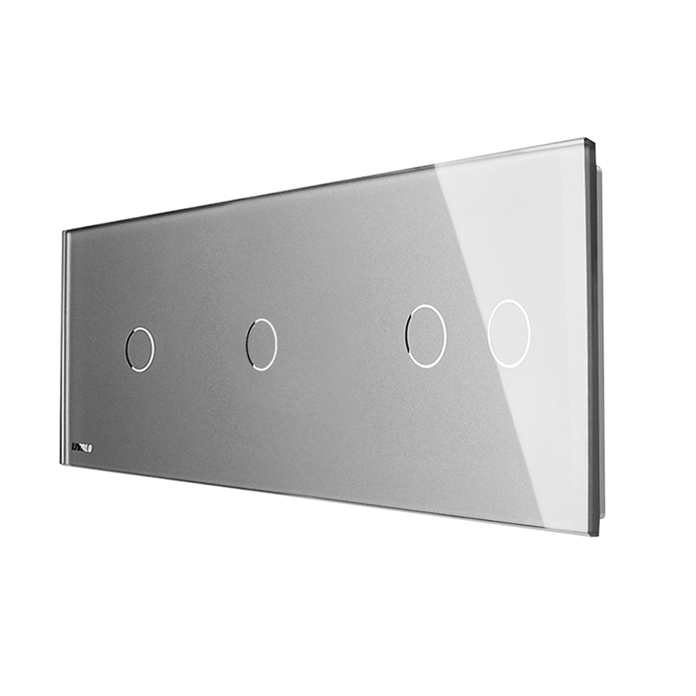 Panou intrerupator simplu+simplu+dublu cu touch LIVOLO din sticla, Gri -Modulul intrerupatorului nu este inclus in pret