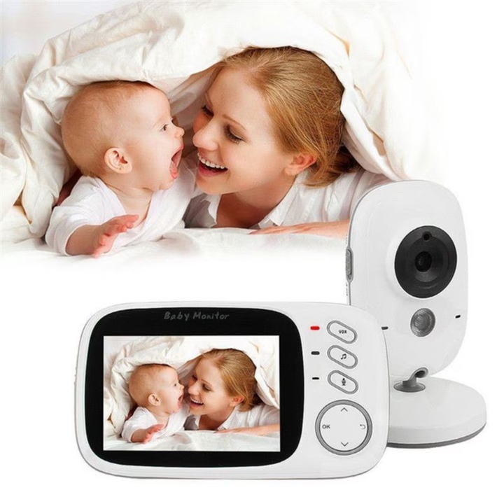 Sistem Monitorizare Video si Audio Baby Safety, Wireless, Night Vision, Posibilitatea de a vorbi cu copilul, Senzor Temperatura, Ecran foarte mare 3.2 inch, Talk back, Cantece de leagan
