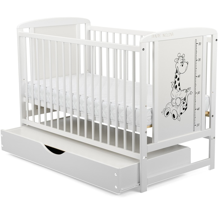 Patut din lemn, BabyNeeds, Timmi Girafa, Cu sertar cu capac, Din lemn de pin si mdf, Stabil si rezistent, Inaltime saltea reglabila pe 3 nivele, Laterala cu 3 bete detasabile, 120x60, Alb