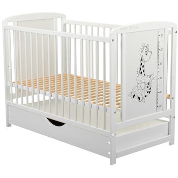 Patut din lemn BabyNeeds Timmi Girafa, cu sertar, 120x60, Alb Patut din lemn BabyNeeds Timmi Girafa, cu sertar, 120x60, Alb