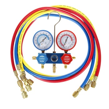 Set manometru si furtune 180 cm 3 bucati, aer conditionat freon, 3 iesiri, cu vizor , pentru R134A, R407, R404, R22 Set manometru si furtune 180 cm 3 bucati, aer conditionat freon, 3 iesiri, cu vizor , pentru R134A, R407, R404, R22