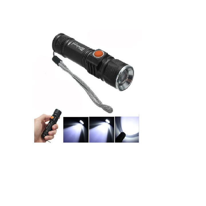 Фенер Totalshop CREE LIGHT T6, USB зареждане, Черен