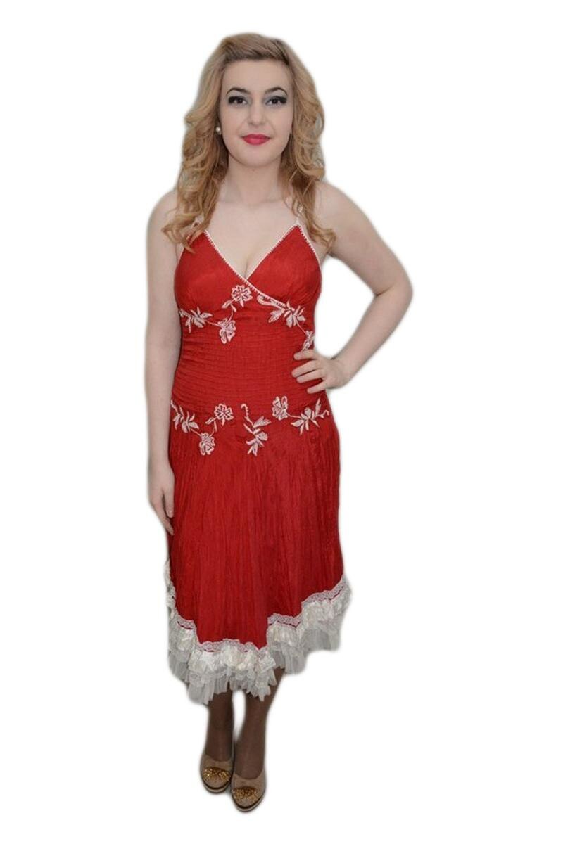 Rochie de vara de lungime medie, cu decor maro, D&J Exclusive, Rosu