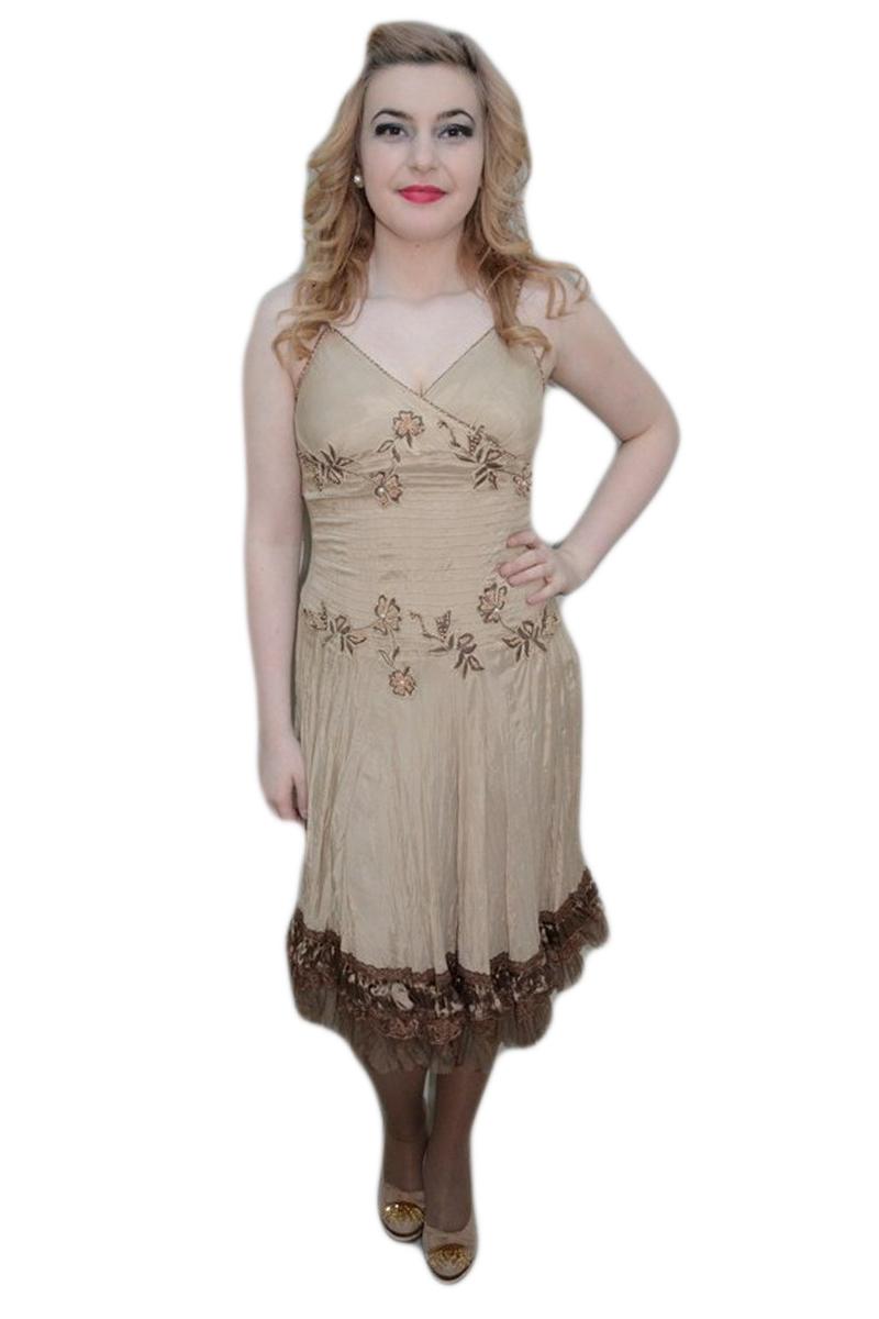 Rochie de vara de lungime medie, cu decor maro, D&J Exclusive, Bej