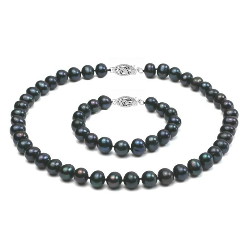 Set Aur Alb 14k si Perle Naturale Negre Mari