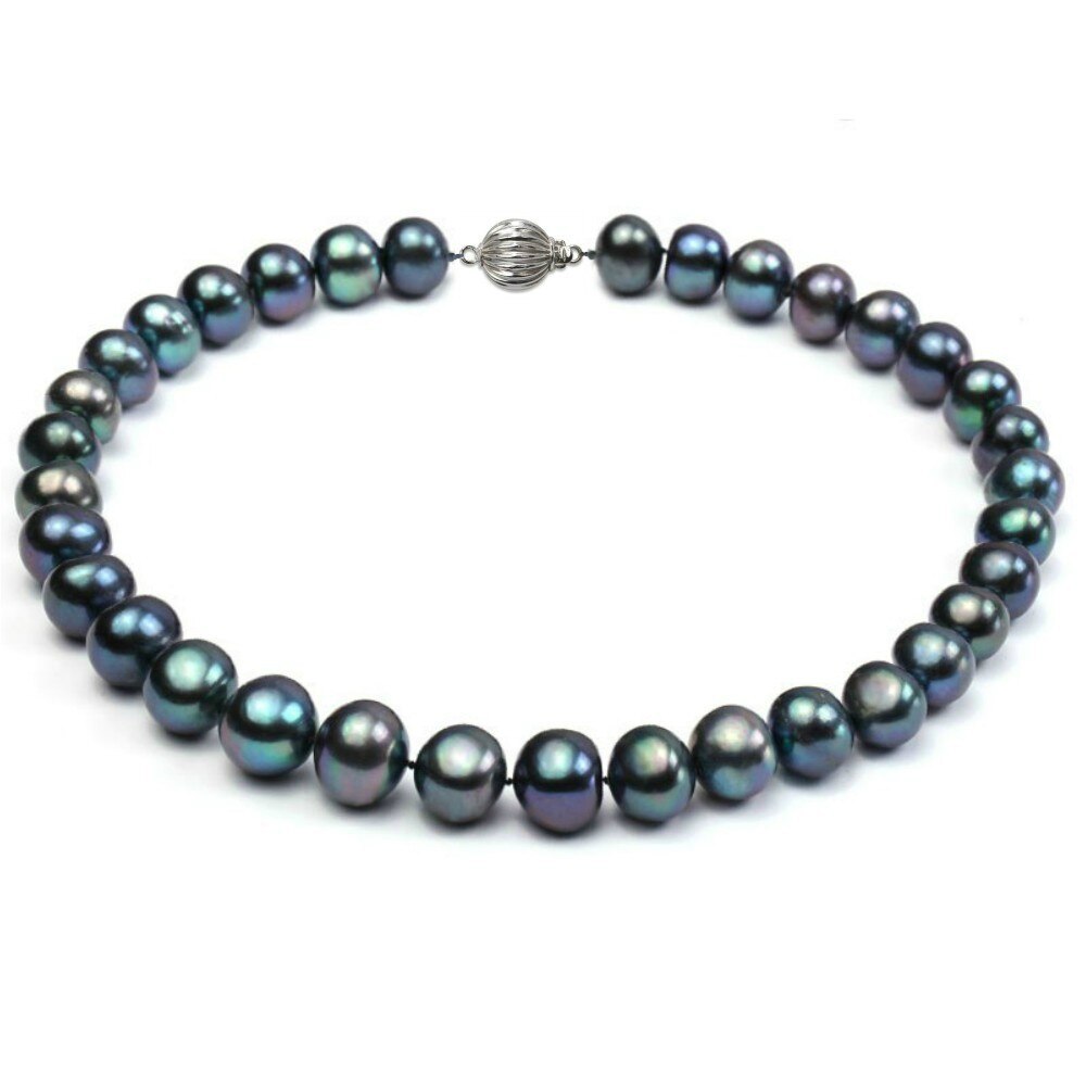 Colier Perle Naturale Negre Mari cu Inchizatoare Sferica Aur Alb de 14k