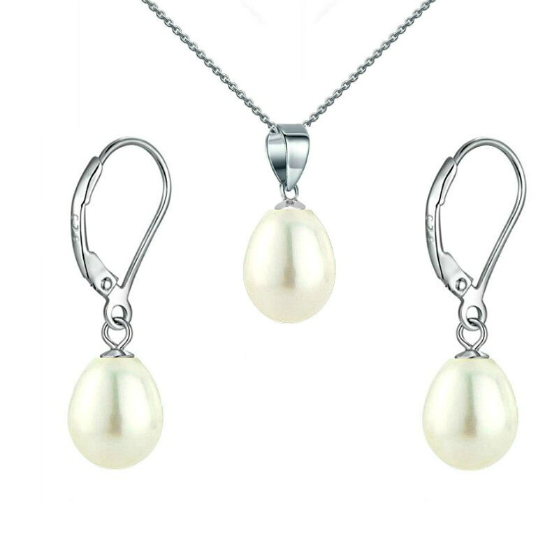 Set Argint 925 si Perle Naturale Teardrops Albe