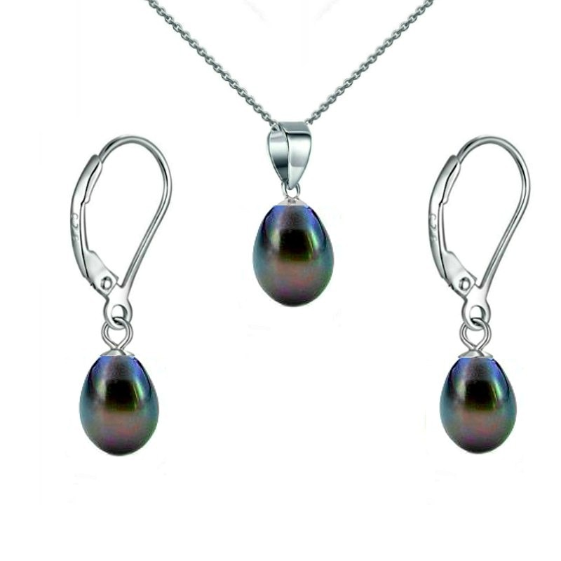Set Argint 925 si Perle Naturale Teardrops Negre