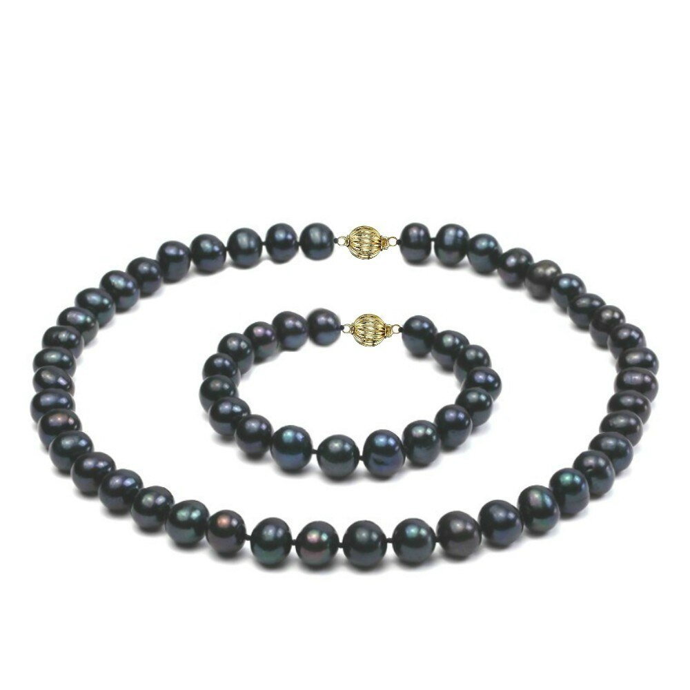 Set Perle Naturale Negre Mari cu Inchizatori Sferice Aur Galben de 14 k