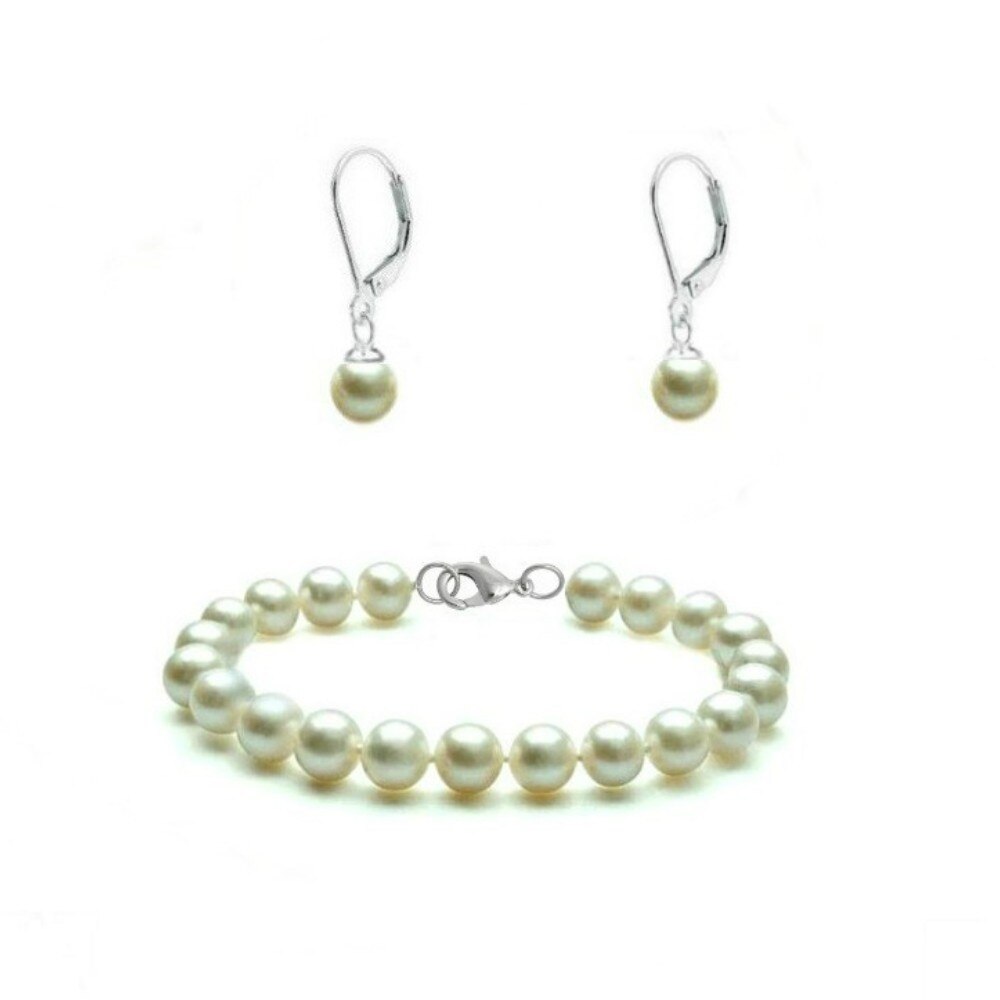 Set Argint Bratara si Cercei cu Perle Naturale Albe, de Colectie