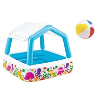 Piscina gonflabila Soda Summer pentru copii, cu parasolar, patrata, model cu pestisori, 157x157x122 cm + cadou minge de plaja