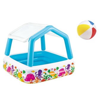 Piscina gonflabila Soda Summer pentru copii, cu parasolar, patrata, model cu pestisori, 157x157x122 cm + cadou minge de plaja Piscina gonflabila Soda Summer pentru copii, cu parasolar, patrata, model cu pestisori, 157x157x122 cm + cadou minge de plaja