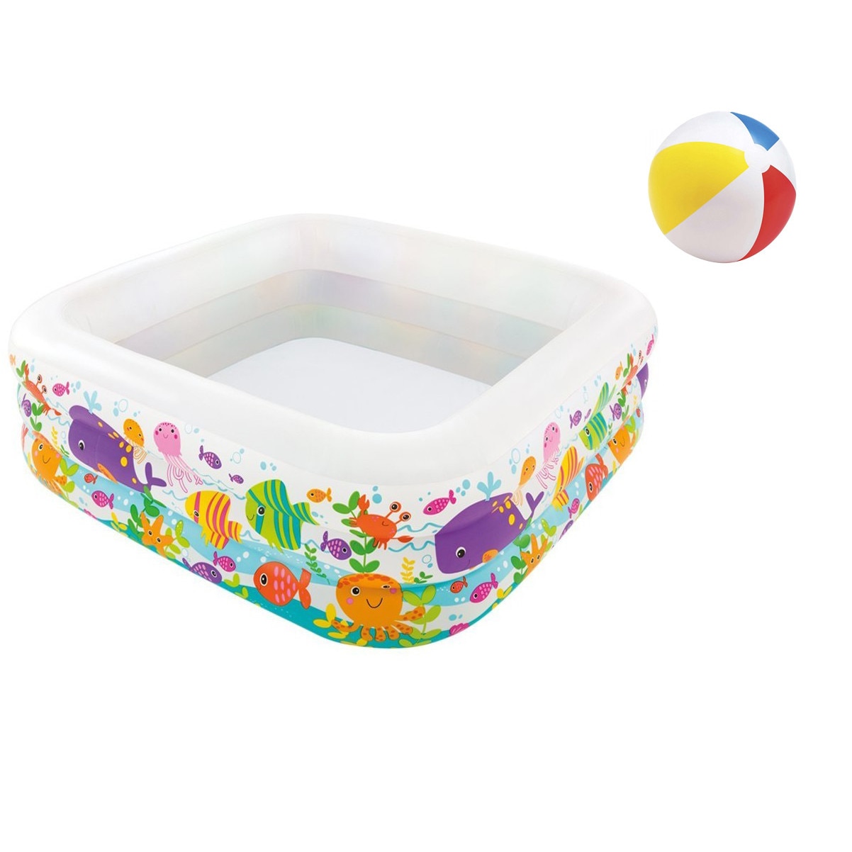 Piscina gonflabila Soda Summer pentru copii, model cu vietati marine, patrata, 159x159x50 cm + cadou minge de plaja