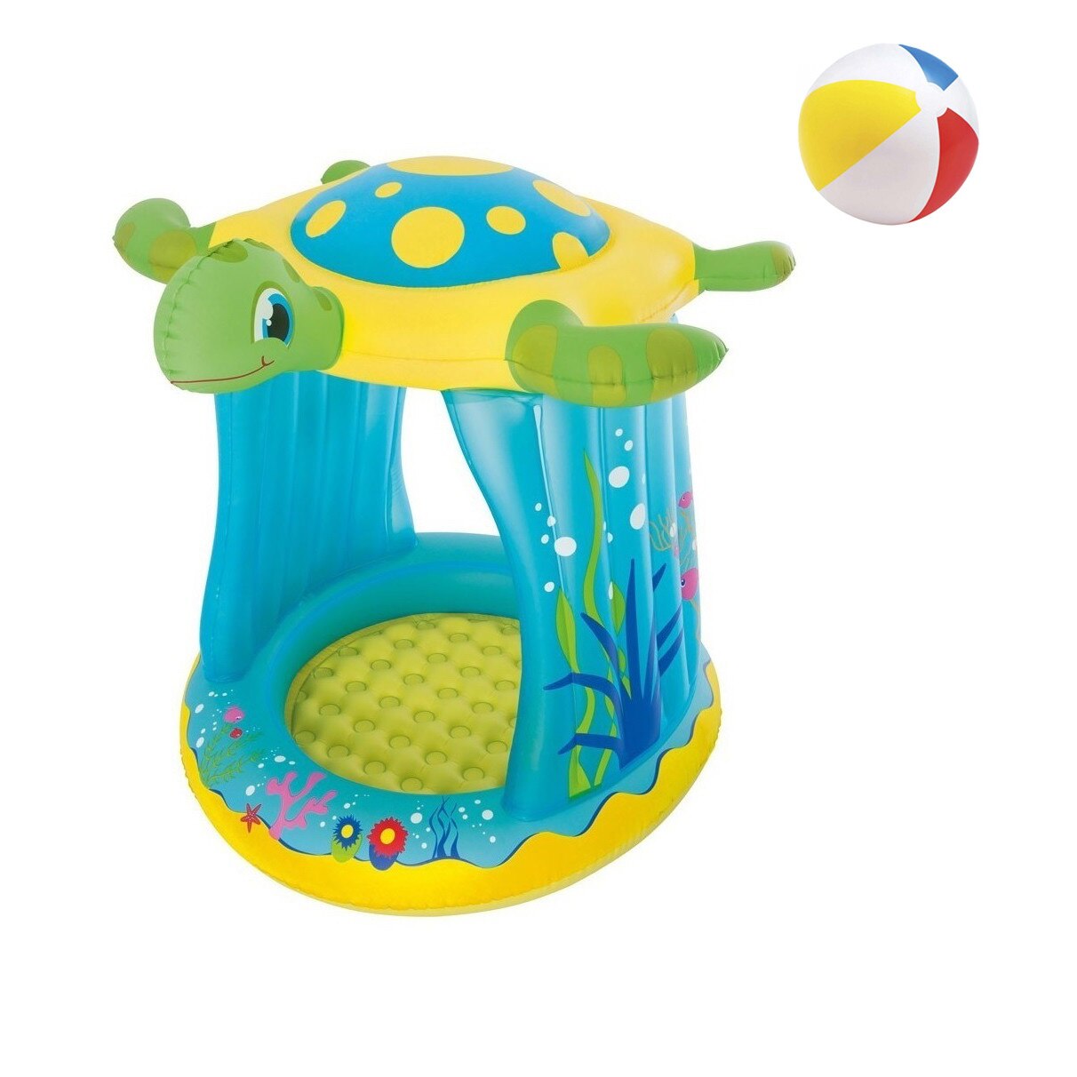 Piscina gonflabila Soda Summer pentru copii, cu protectie solara, model broasca testoasa, 109x96x104 cm + cadou minge de plaja