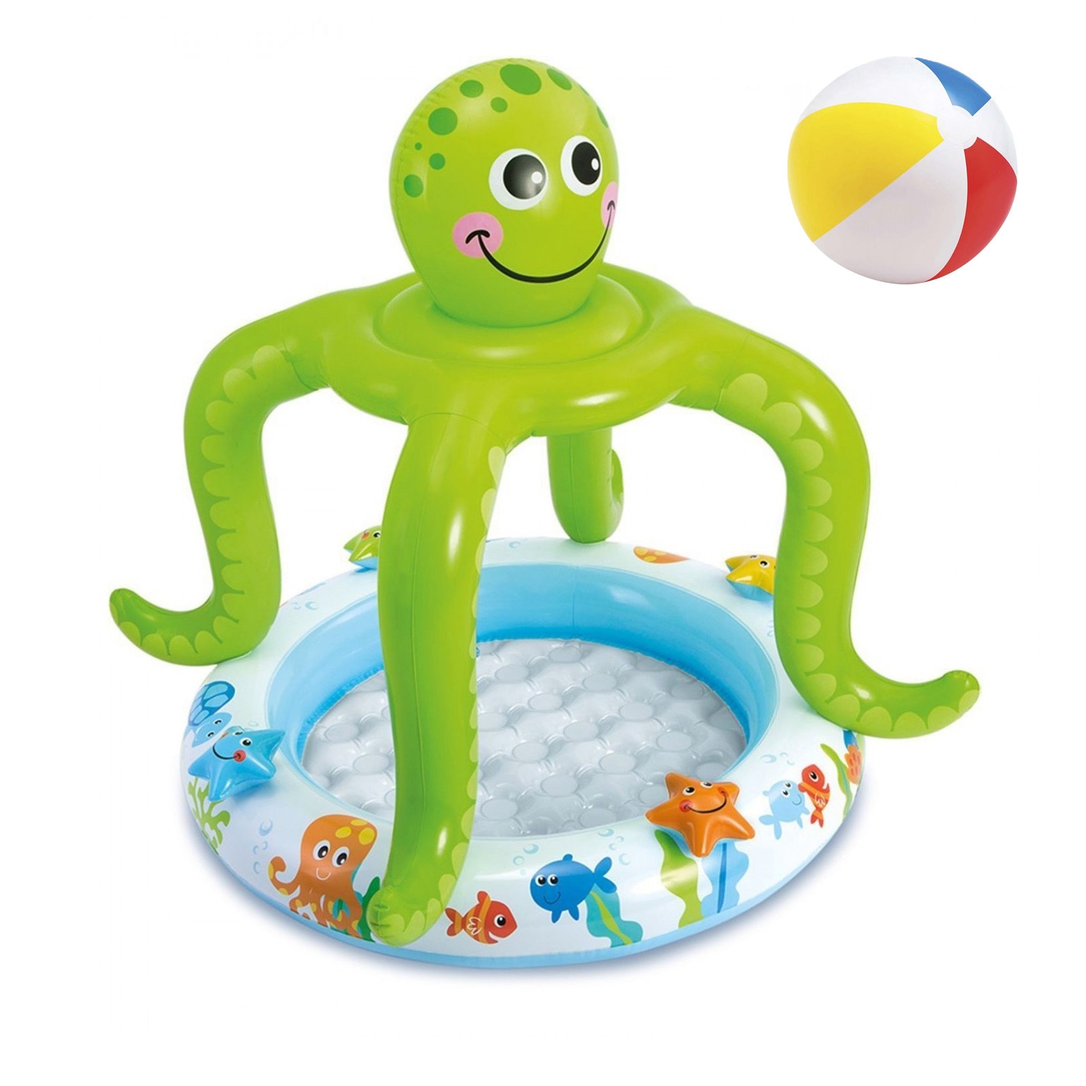 Piscina gonflabila Soda Summer pentru copii, cu protectie solara, model caracatita, 102x104 cm + cadou minge de plaja