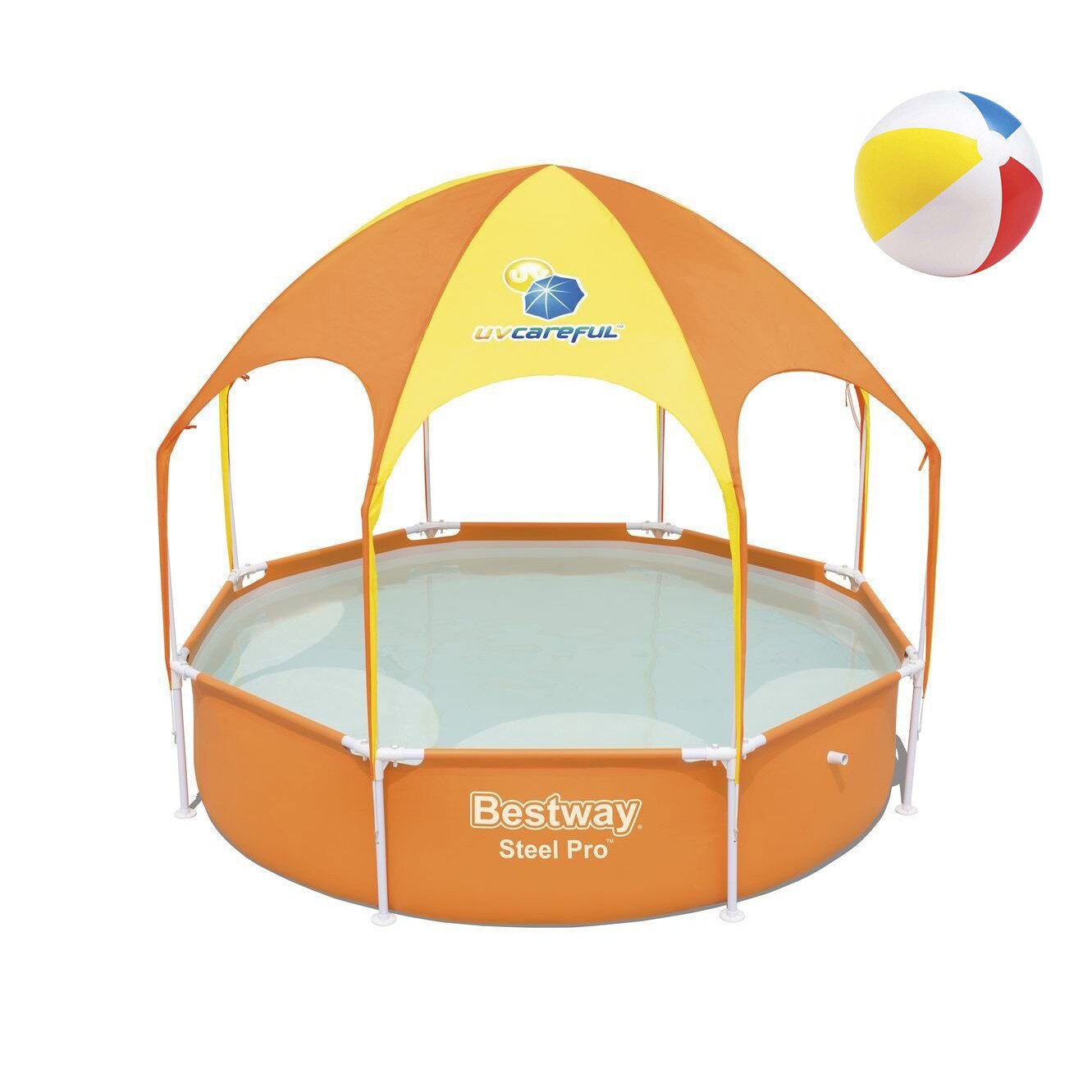 Piscina cu cadru metalic Soda Summer, cu pavilion, rotunda, portocalie, 244x51 cm + cadou minge de plaja
