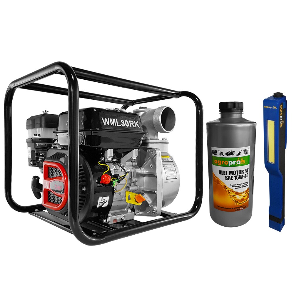 Motopompa pentru apa curata, MEDIA LINE WML 30 RK, 7 CP, diametru 3 toli, putere motor 7 CP, debit 917 l/m + Cadou Lanterna Led magnetica AgroPro + 1l ulei 4T AgroPro