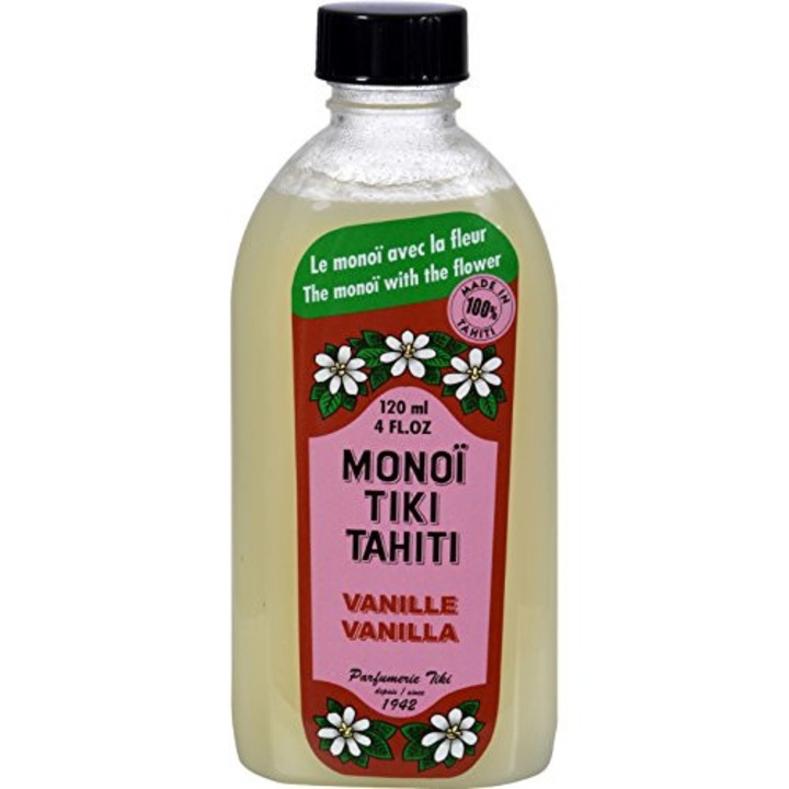 Ulei natural Monoi TIKI Tahiti Vanille Naturelle, un amestec de ulei de nuca de cocos pur si esenta delicata de vanilie, 120 ml