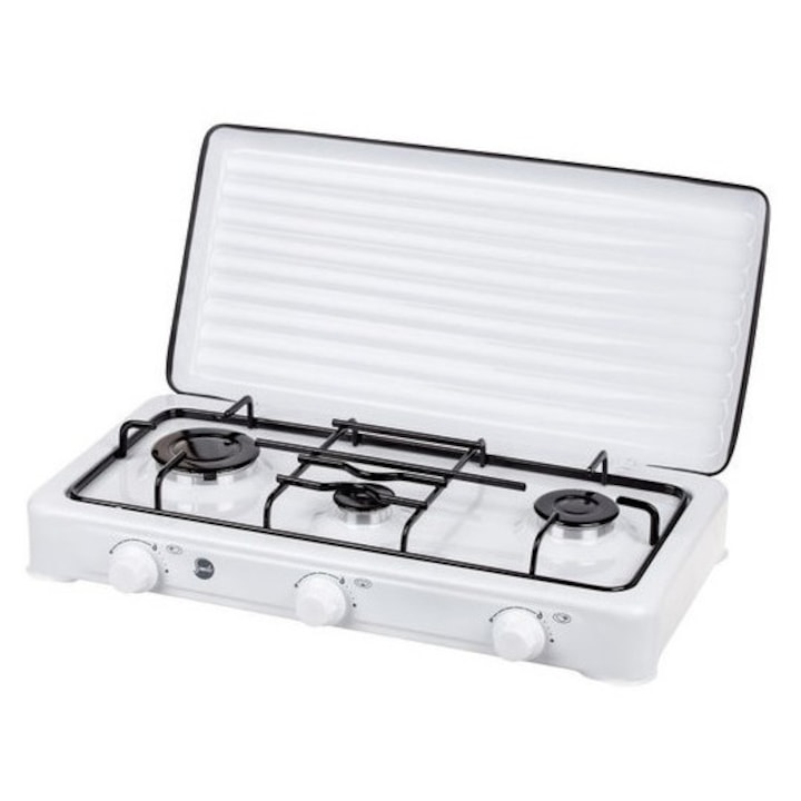 Aragaz Camping Portabil, MPM, SMILE-KN-03/1K, Gaz Butan, 4.9 kW, 385 g/h, 37 mbar, 59x9x35.5 cm, 3 Arzatoare, Emailat, Alb