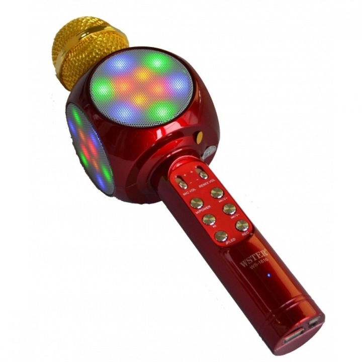Безжичен блутут-караоке микрофон с вграден говорител, Wster, диско ефекти, WS-1816, червен