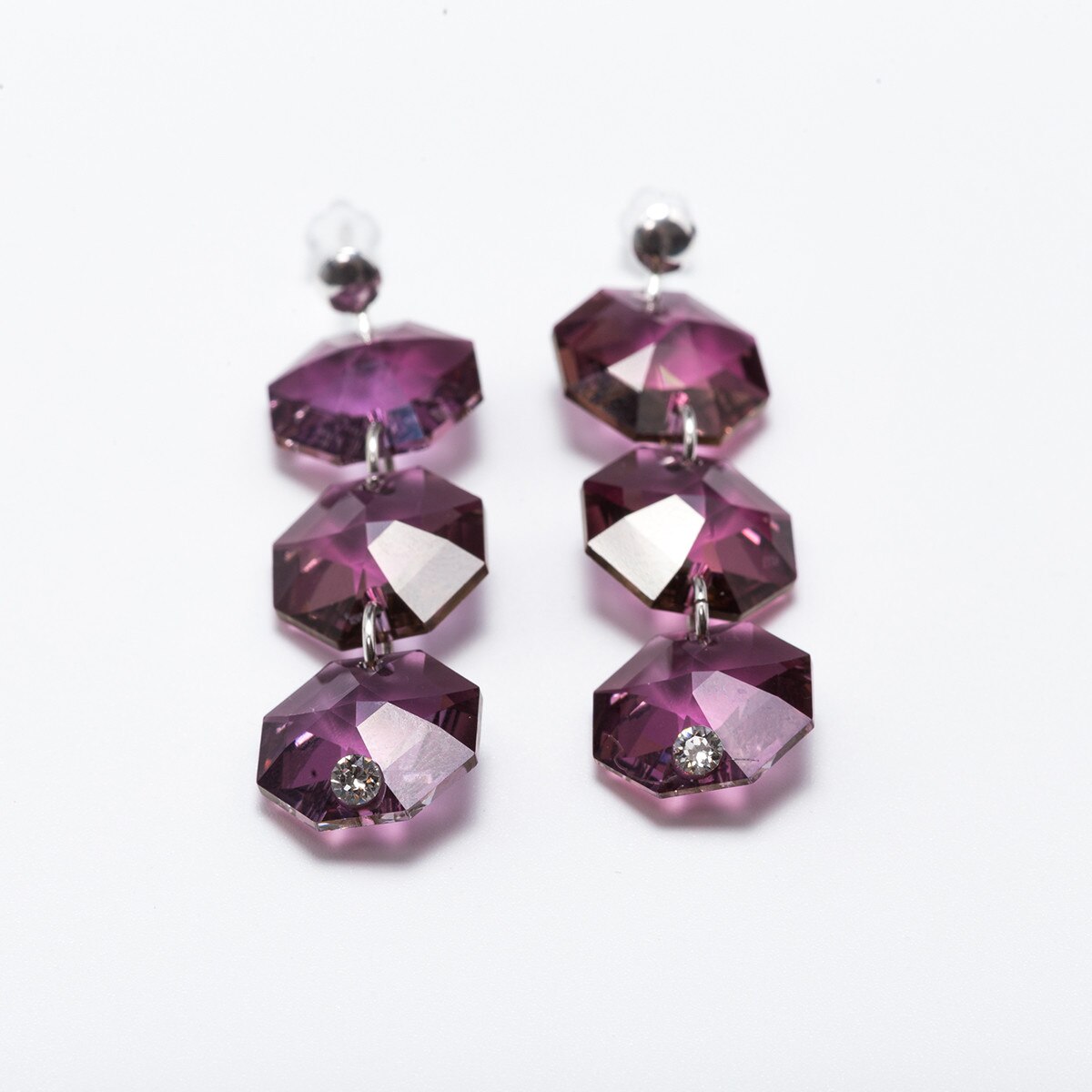 Cercei Argint DaviCrystals cu cristale octogon cu tija cu biluta cu trei cristale amethyst