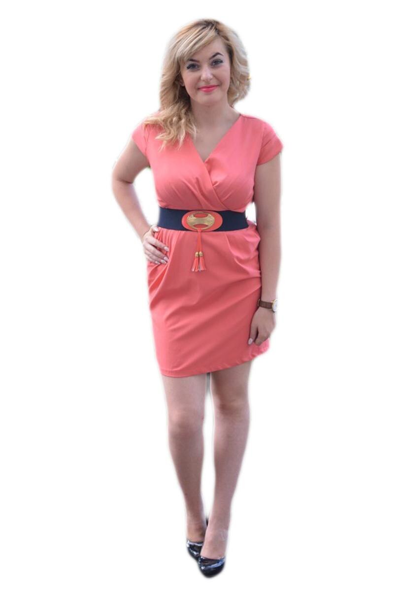 Rochie casual, feminina cu curea lata in talie, D&J Exclusive, Corai