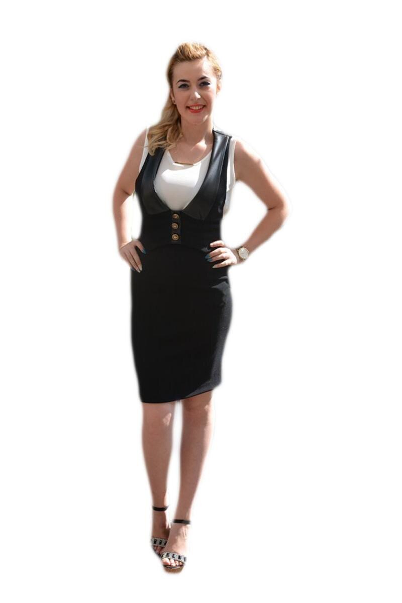 Rochie moderna cu insertie de piele, D&J Exclusive, Negru