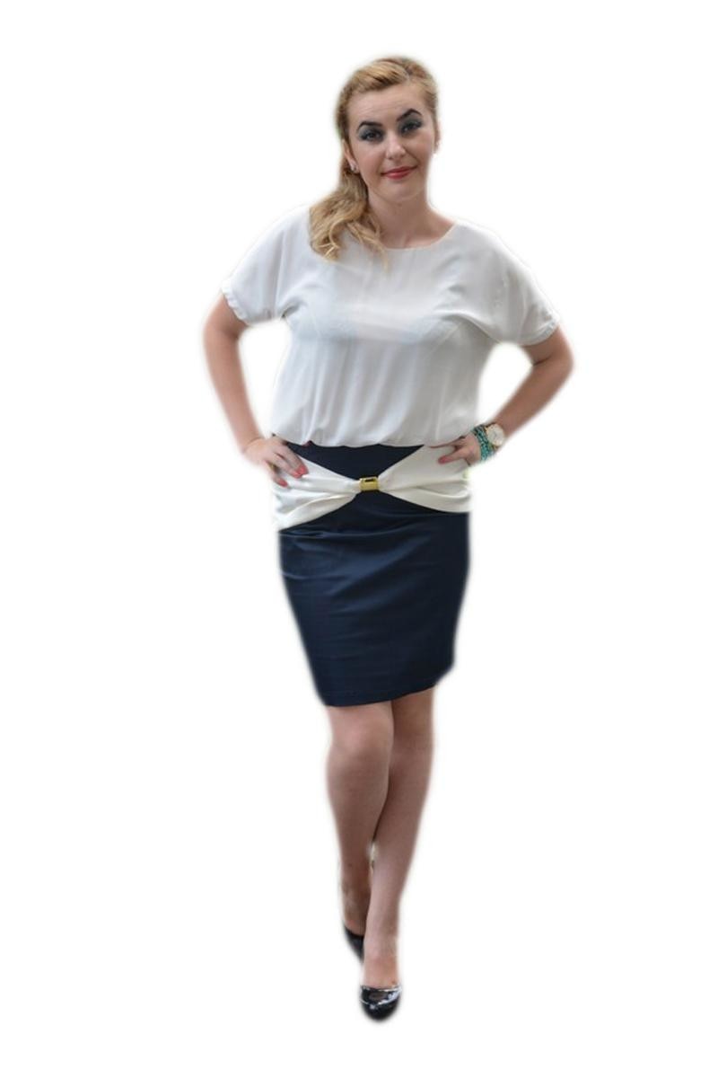 Rochie de saten si voal, D&J Exclusive, Alb-bleumarin