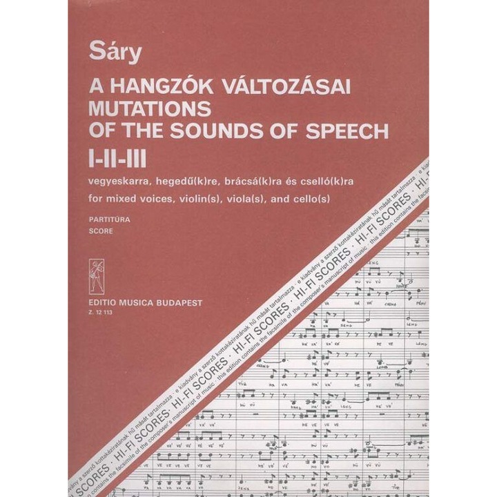 Sáry László: Mutations of the Sounds of Speech - for mixed voices, violin(s), viola(s) and cello(s) score