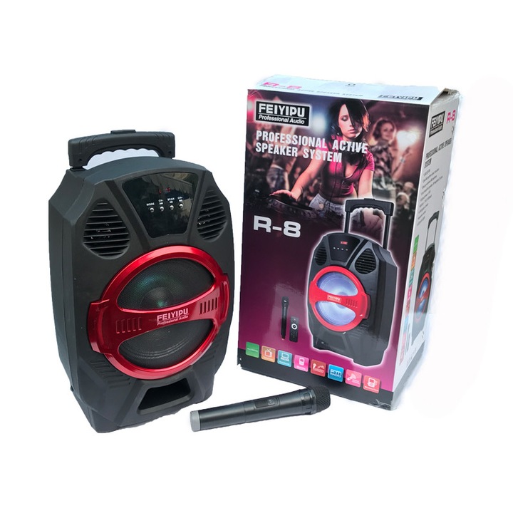 Feiyiupu R8 Aktív karaoke hangszóró, Bluetooth, USB, SD, AUX, FM, 1 db mikrofonnal, akkumulátoros működés