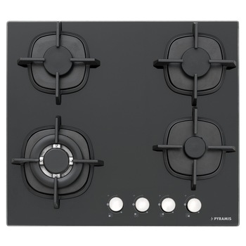 Plita gaz Pyramis 5407B01, 4 arzatoare, wok, gratare fonta, butoane frontale dreapta, 60cm, sticla neagra Plita gaz Pyramis 5407B01, 4 arzatoare, wok, gratare fonta, butoane frontale dreapta, 60cm, sticla neagra