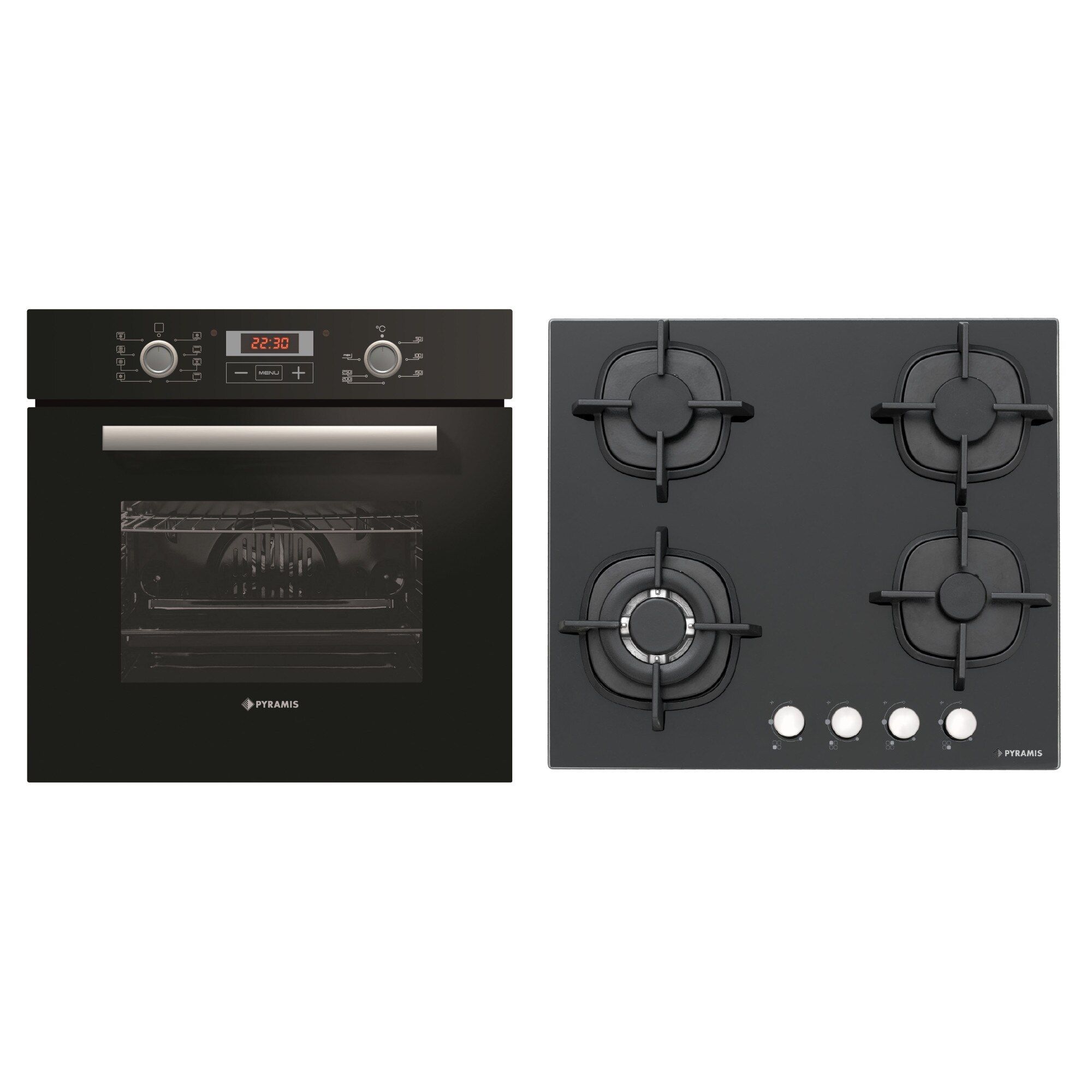 Set Pyramis Magic Black Gaz, cuptor electric 8 functii, timer digital, clasa A si plta gaz, wok, finisaj neagra