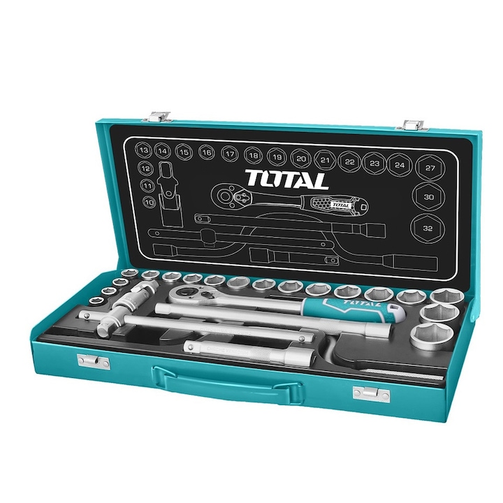 Trusa chei tubulare cu antrenor Total, Cr-V, 1/2", 24 piese