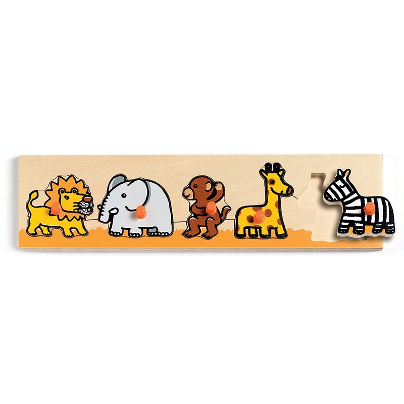 Puzzle lemn cu buton animalute 5 piese, Djeco