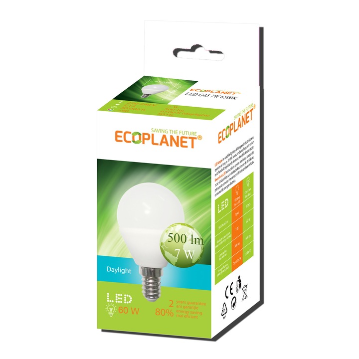 Крушка LED Ecoplanet small globe G45, E14, 5W (40W), 400 LM, A+, топла светлина 3000K, Мат
