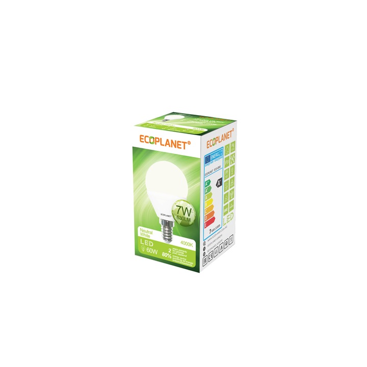 Bec LED Ecoplanet glob mic G45, E14, 7W (60W), 630 LM, A+, lumina neutra 4000K, Mat