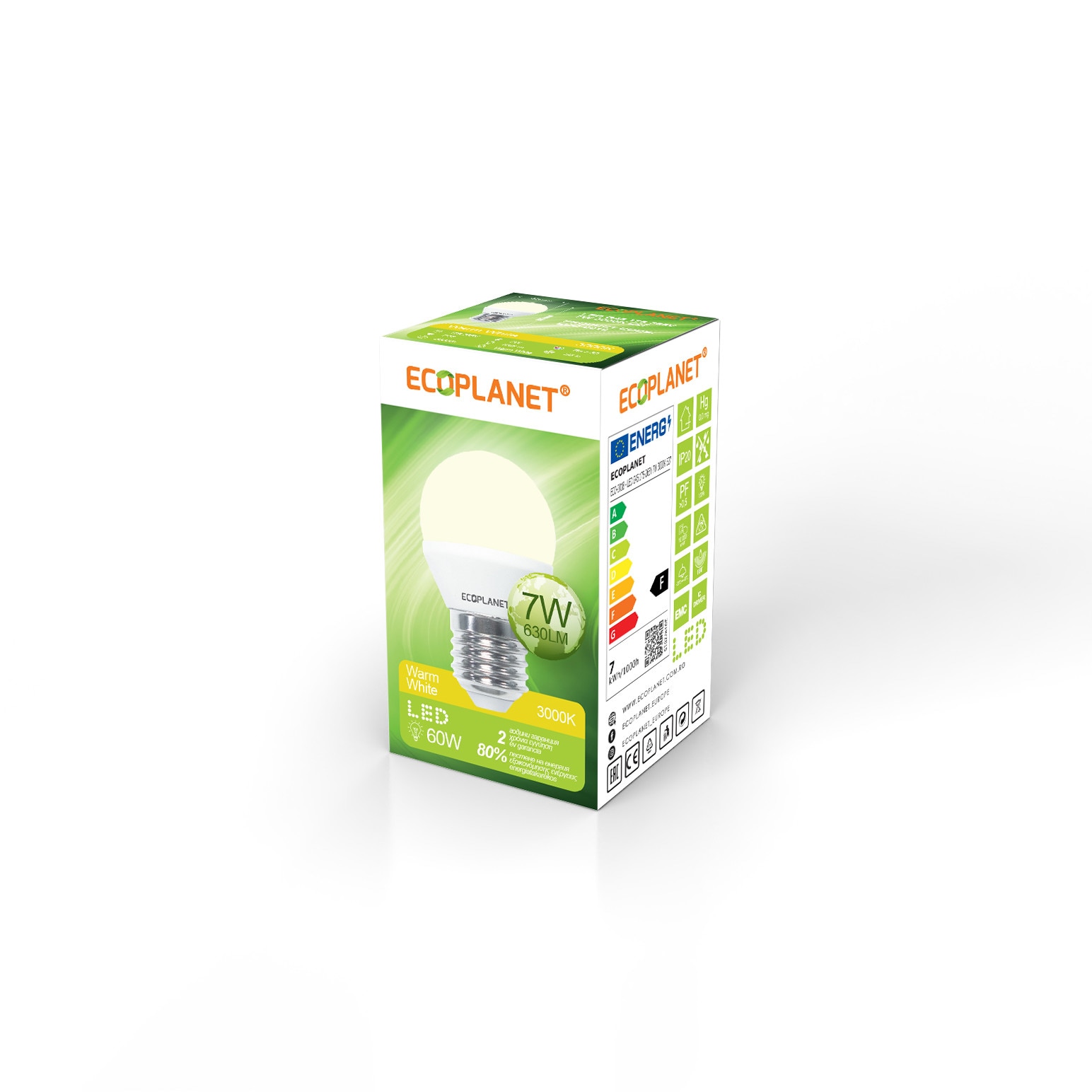 Bec LED Ecoplanet glob mic G45, E27, 7W (60W), 630 LM, A+, lumina calda 3000K, Mat