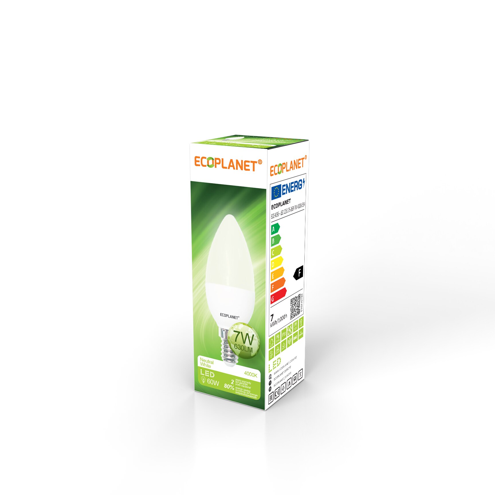 Bec LED Ecoplanet lumanare C35, E14, 7W (60W), 630 LM, A+, lumina neutra 4000K, Mat