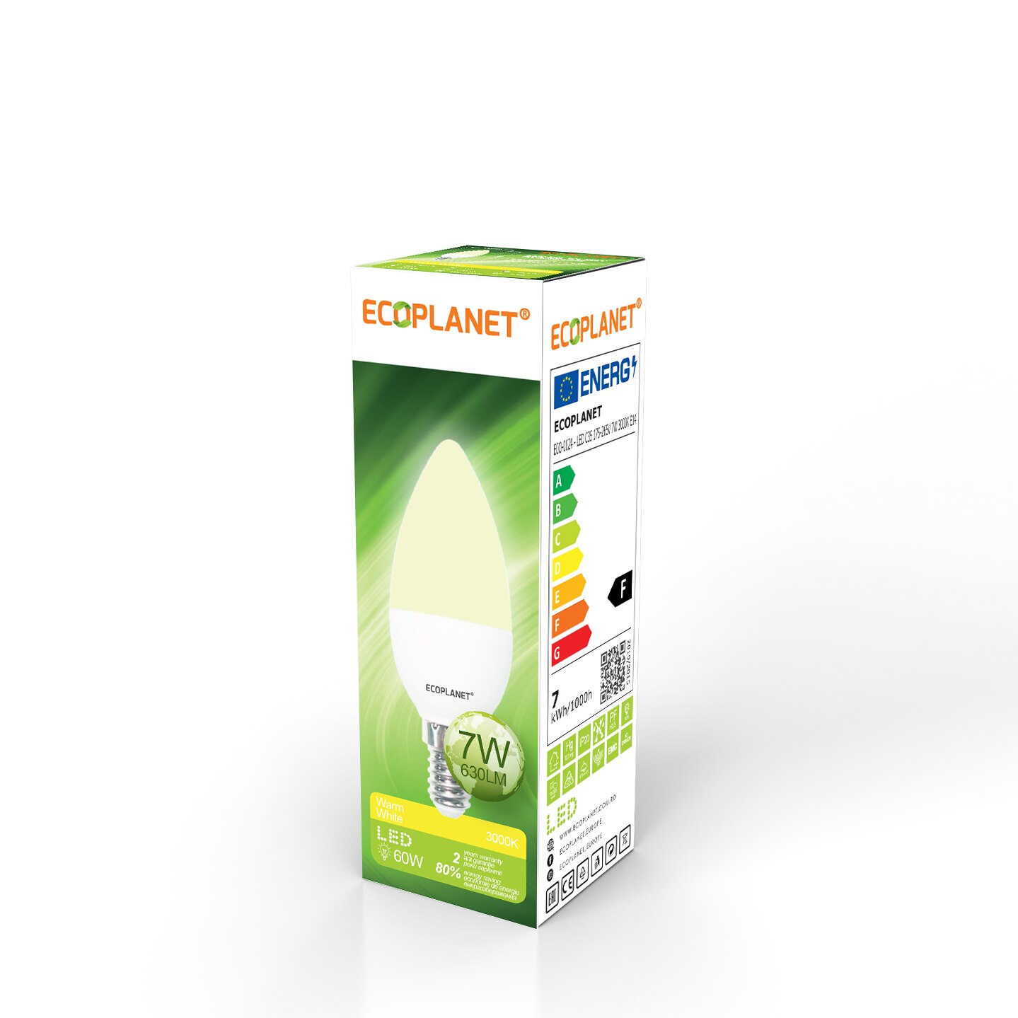Bec LED Ecoplanet lumanare C35, E14, 7W (60W), 630 LM, A+, lumina calda 3000K, Mat