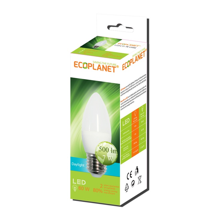 Bec LED Ecoplanet lumanare C35, E27, 7W (60W), 500 LM, A+, lumina calda 3000K, Mat