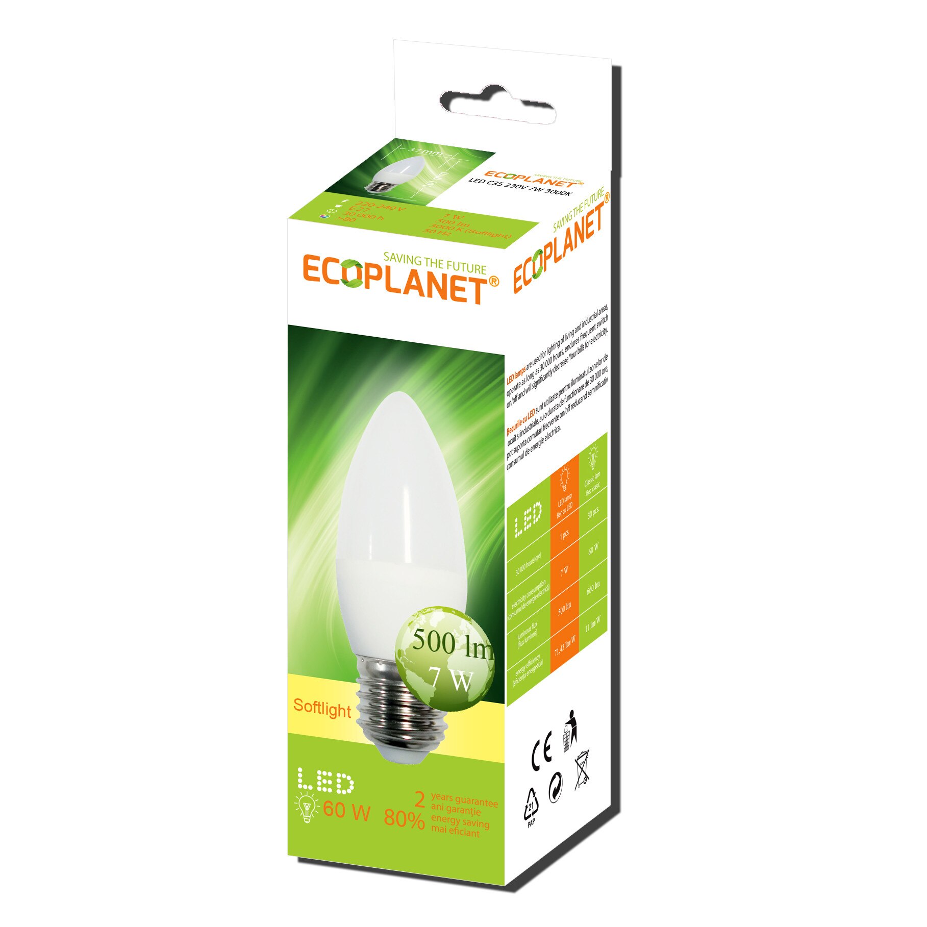Bec LED Ecoplanet lumanare C35, E27, 7W (60W), 630LM, A+, lumina calda 3000K, Mat