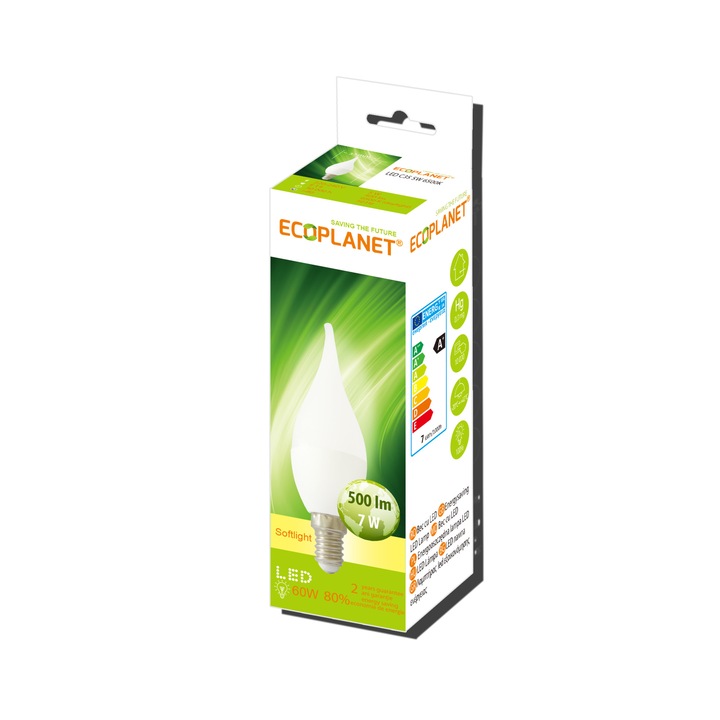 Bec LED Ecoplanet lumanare-flacara C35, E14, 7W (60W), A+, lumina calda 3000K, Mat